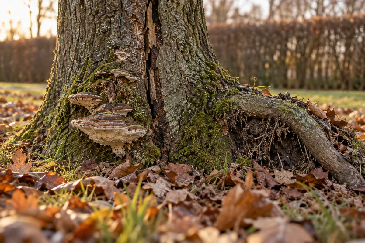 Base d'un tronc fissuré avec champignons lignicoles et racine déchaussée