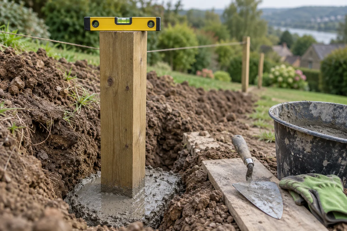 Niveau à bulle posé sur un poteau de clôture scellé au béton