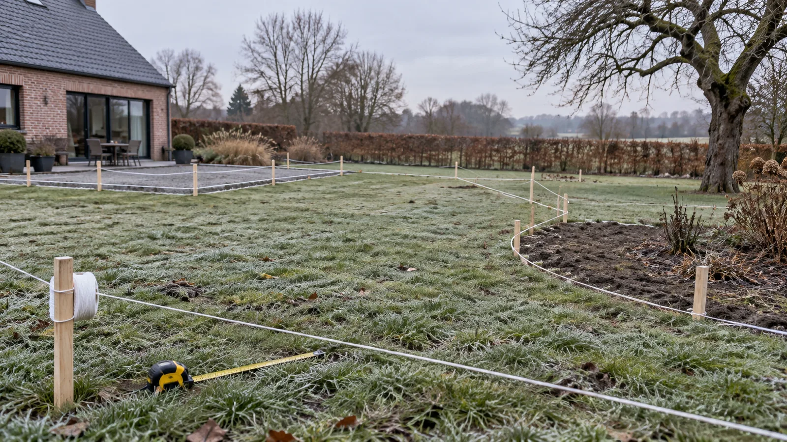 Jardin tracé au cordeau blanc entre piquets, décamètre sur l'herbe