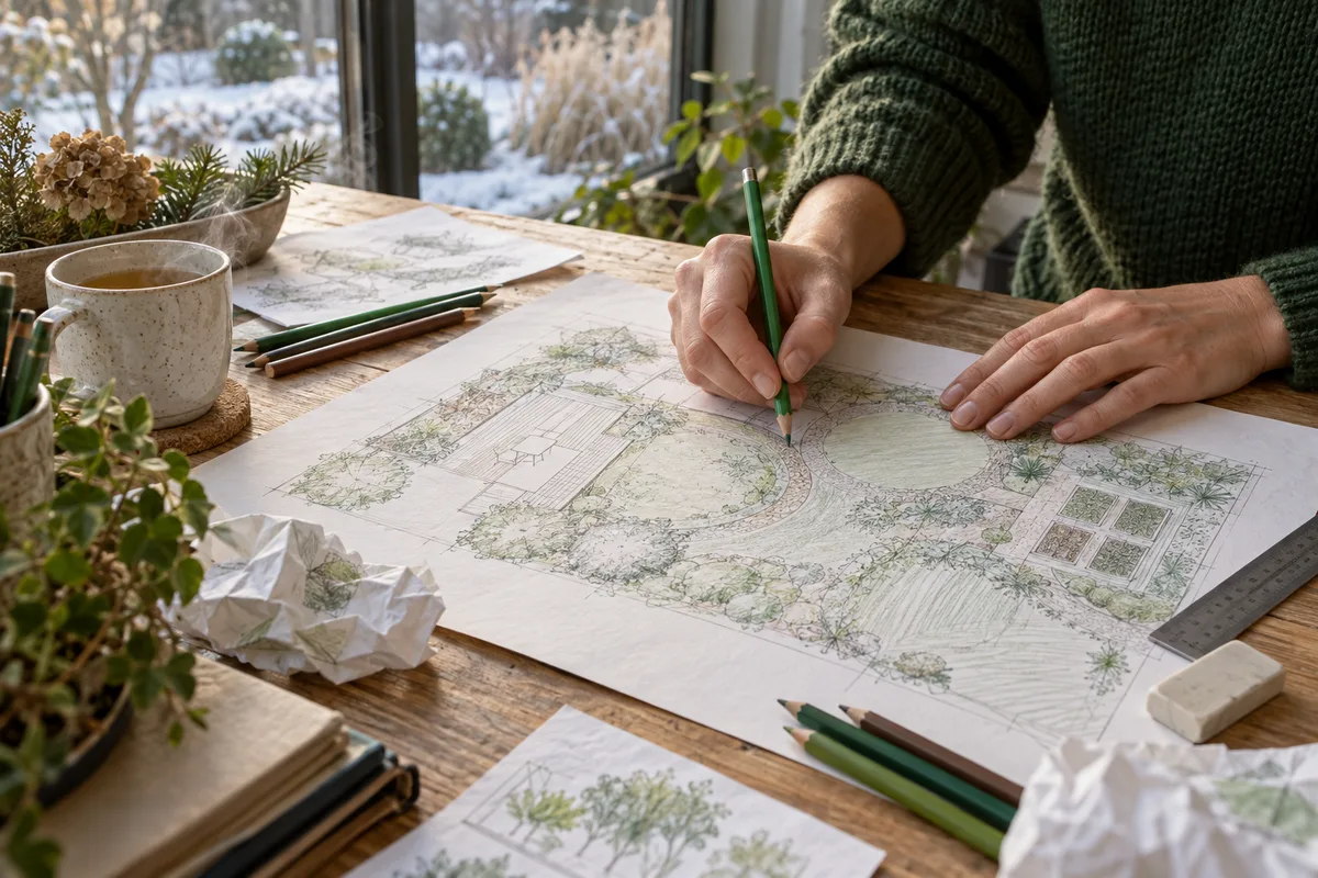 Mains dessinant au crayon la courbe d'une allée sur un plan de jardin