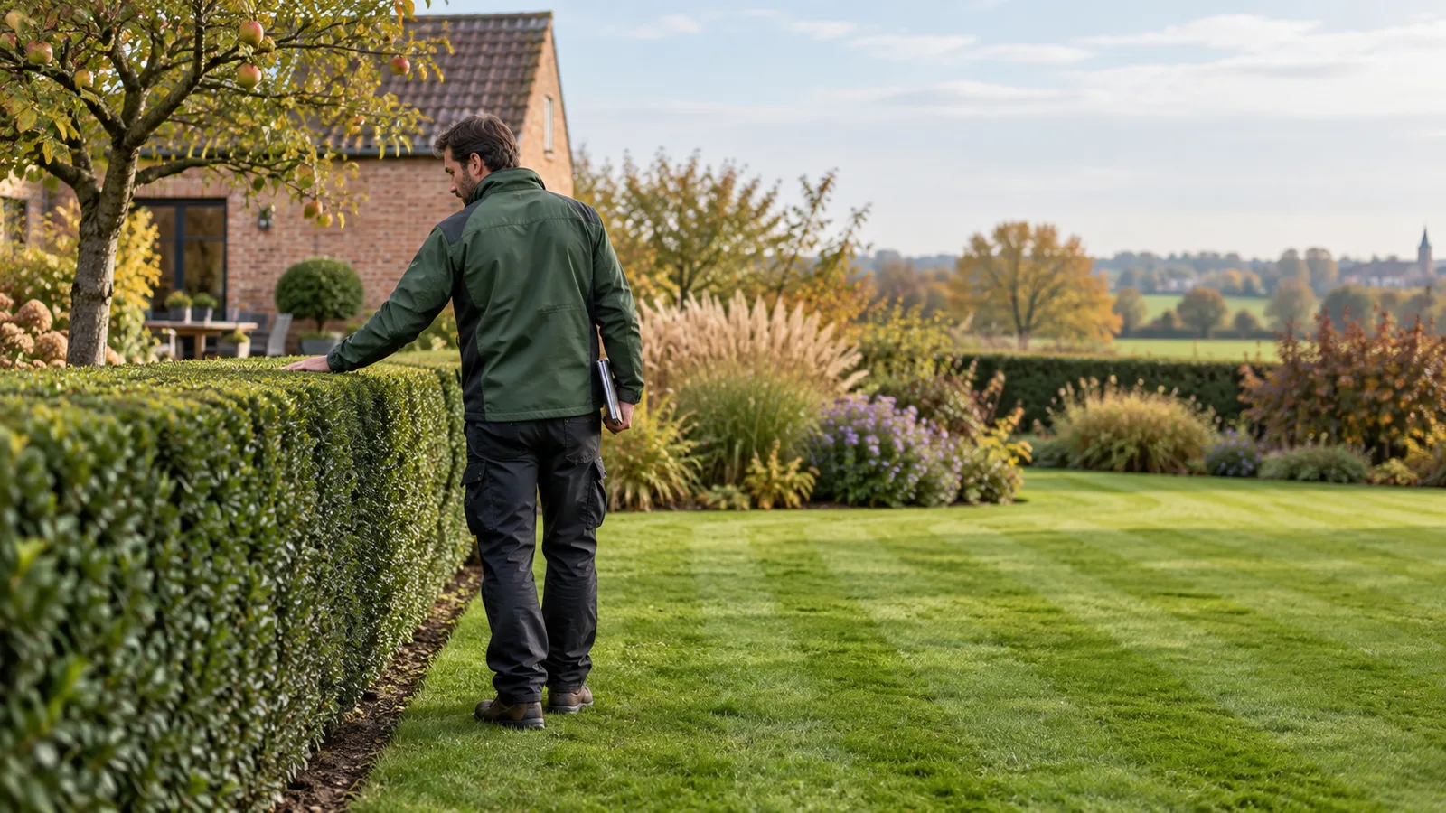 Jardinier vérifiant la coupe d'une haie de troènes fraîchement taillée