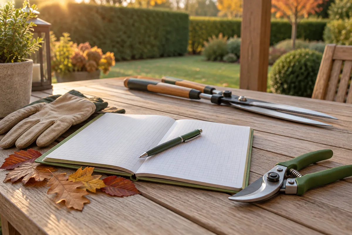Carnet de planning, sécateur et cisailles sur une table de jardin