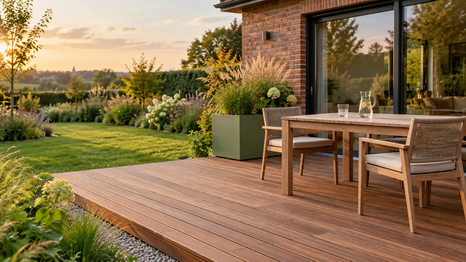 Terrasse en lames de bois meublée d'une table et deux chaises