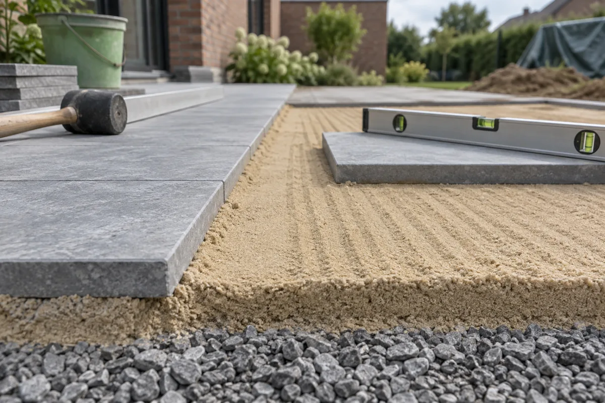 Dalles en pierre posées sur un lit de sable tiré à la règle