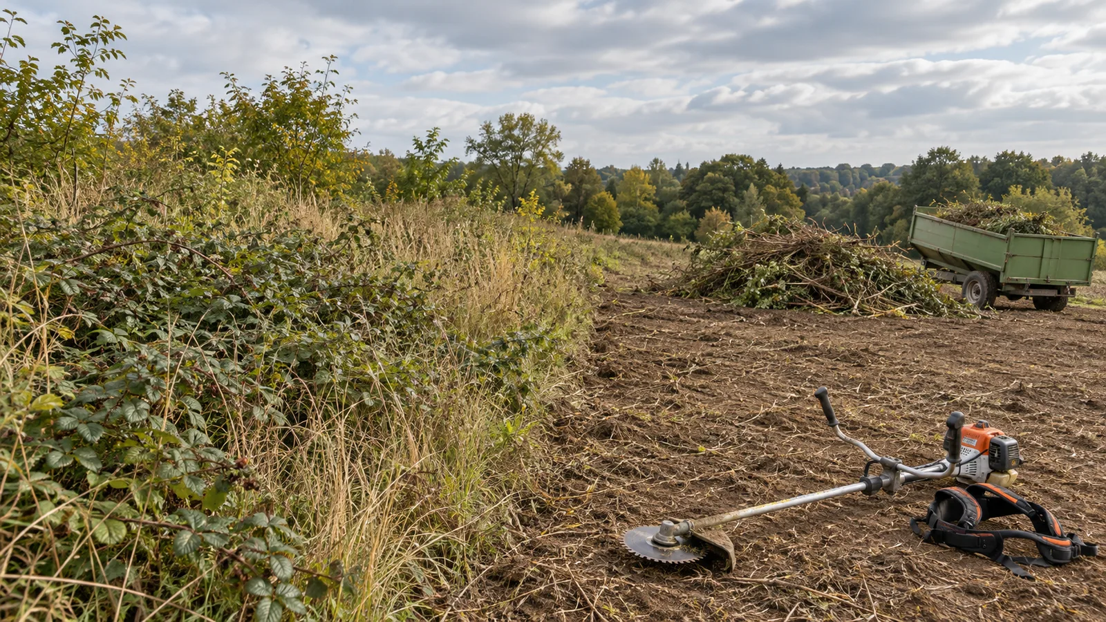 Terrain en friche à moitié débroussaillé avec débroussailleuse au premier plan