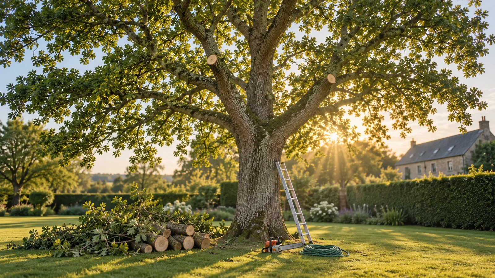 Grand chêne fraîchement élagué avec branches coupées empilées à son pied