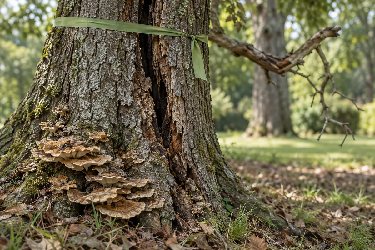 Champignons lignicoles et fissure profonde à la base d'un tronc