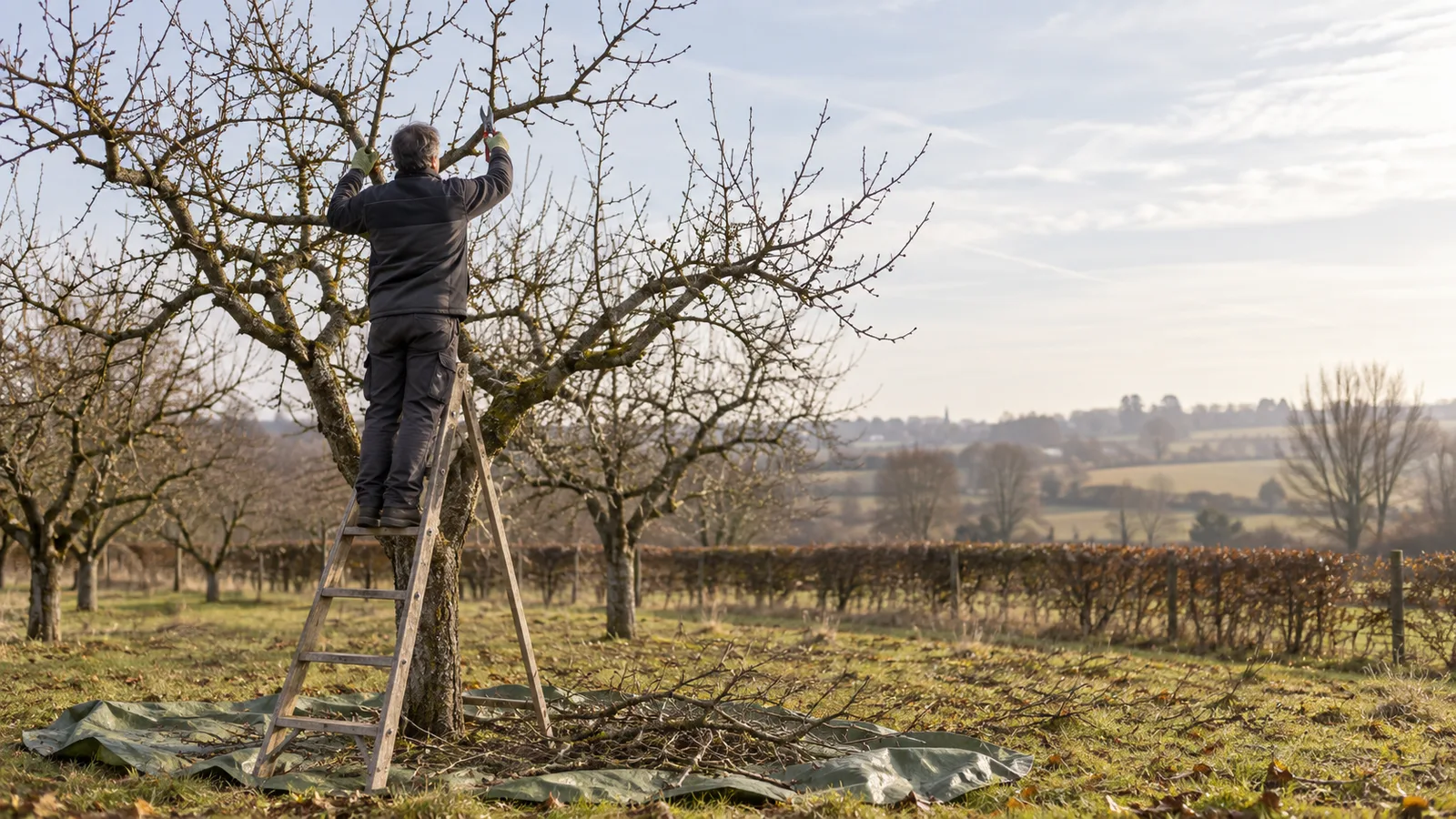 Élagueur sur une échelle taillant un pommier dénudé en novembre