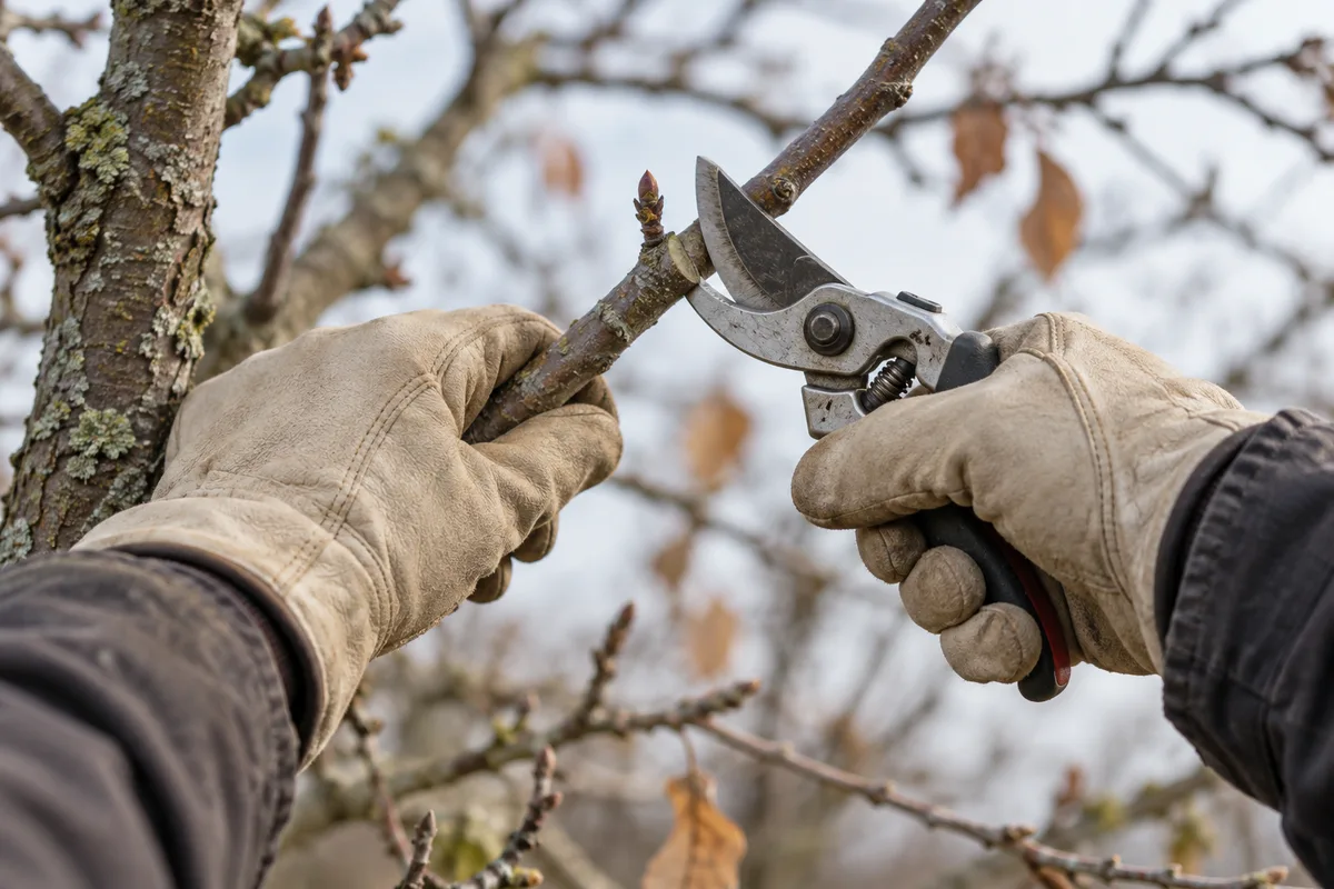 Mains gantées taillant une branche au sécateur juste au-dessus d'un bourgeon