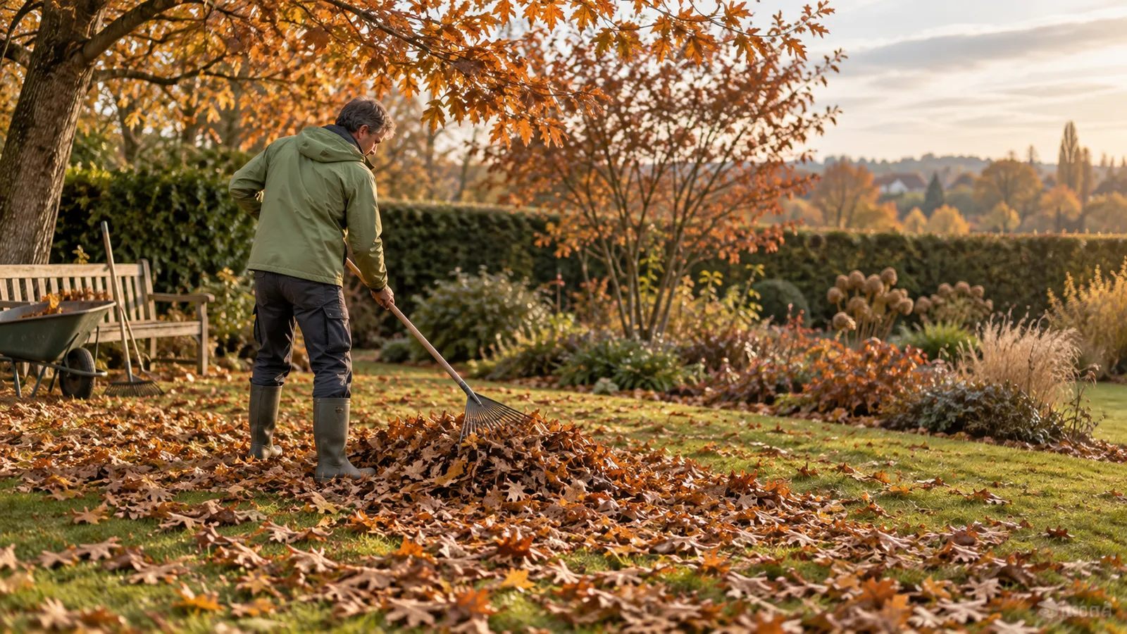 Jardinier ratissant un tapis de feuilles mortes cuivrées sur une pelouse