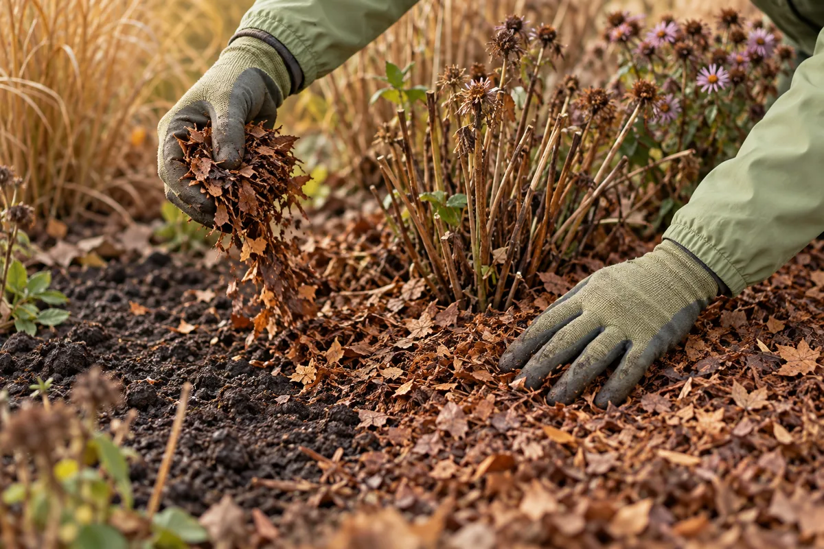 Mains gantées étalant des feuilles broyées en paillage au pied d'une vivace
