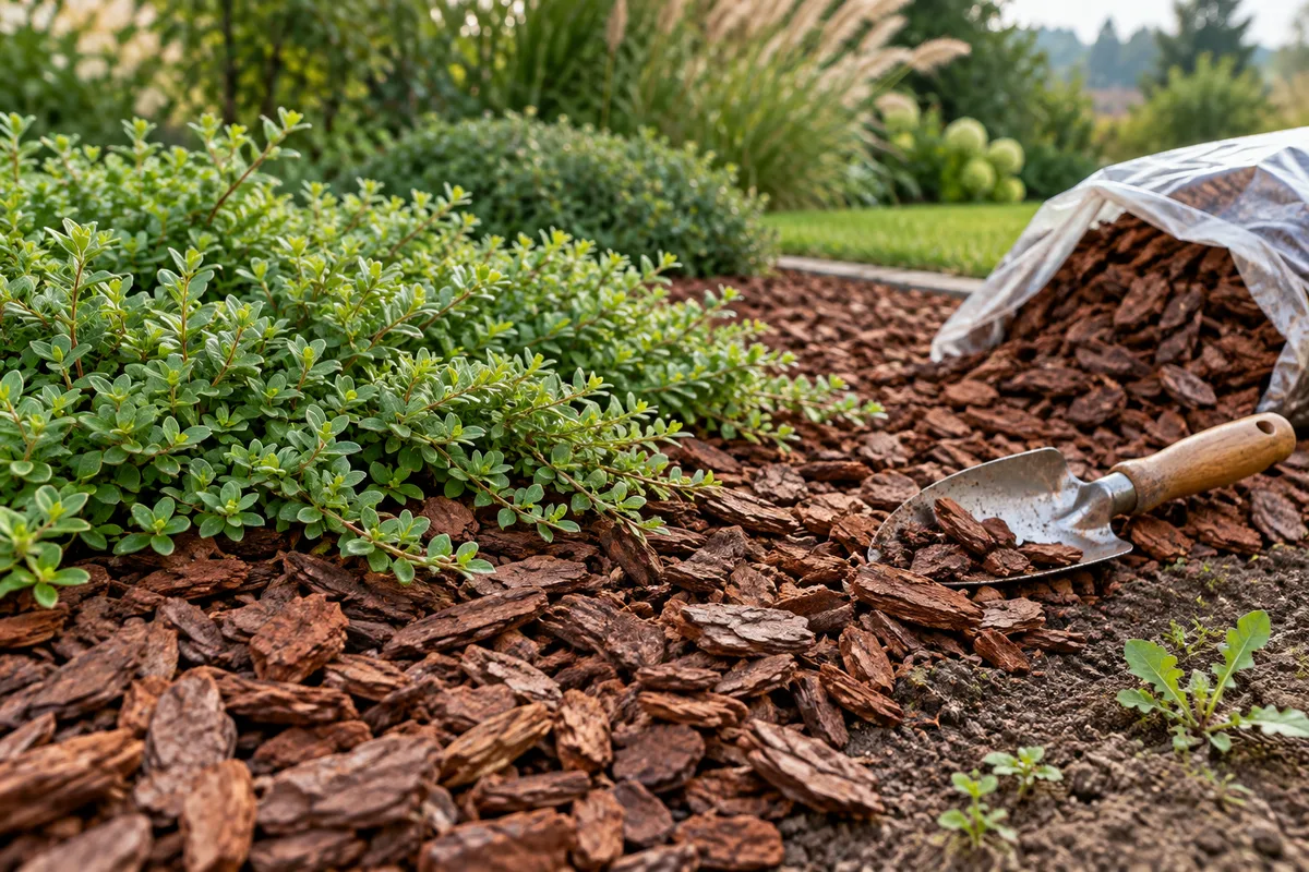 Paillis d'écorces épais entourant un couvre-sol au feuillage dense