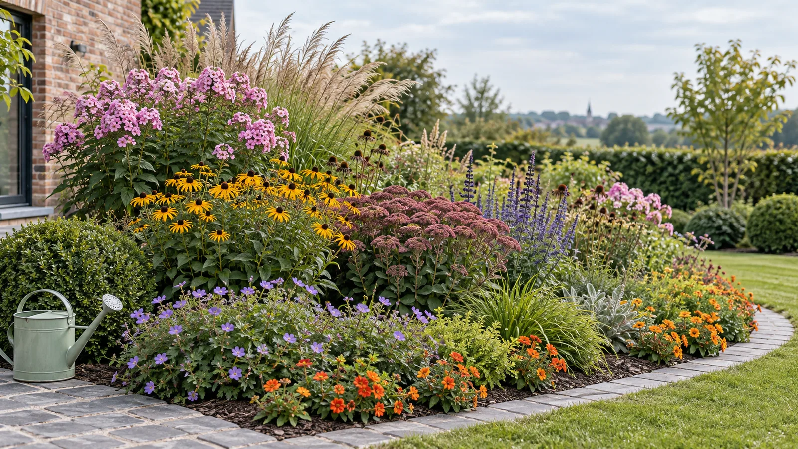Massif fleuri en hauteurs étagées bordé de pavés en pierre bleue