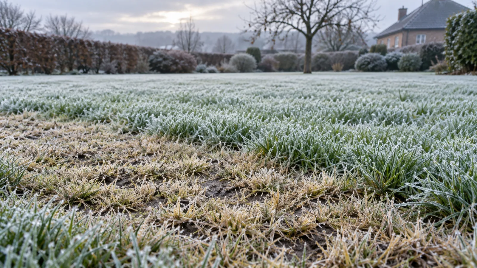 Bande de gazon tondue trop court jaunissant sous le givre matinal