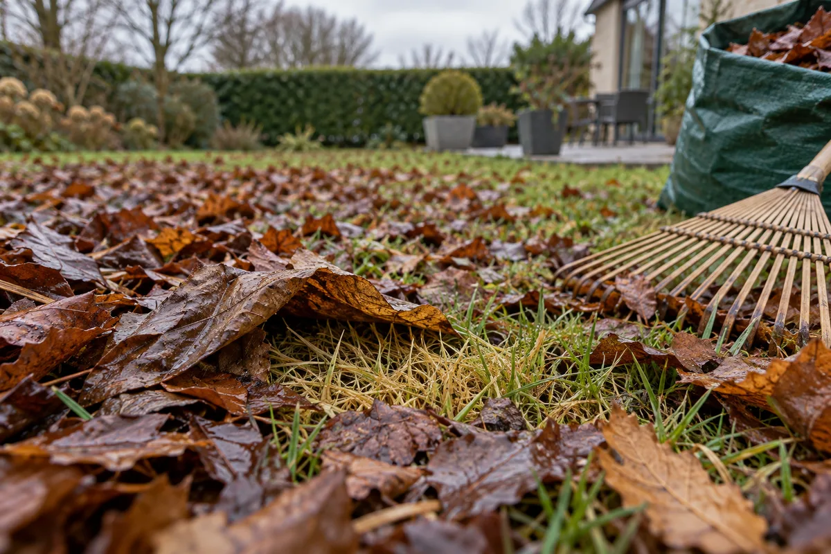Feuilles mortes humides étouffant une pelouse, râteau et sac à côté