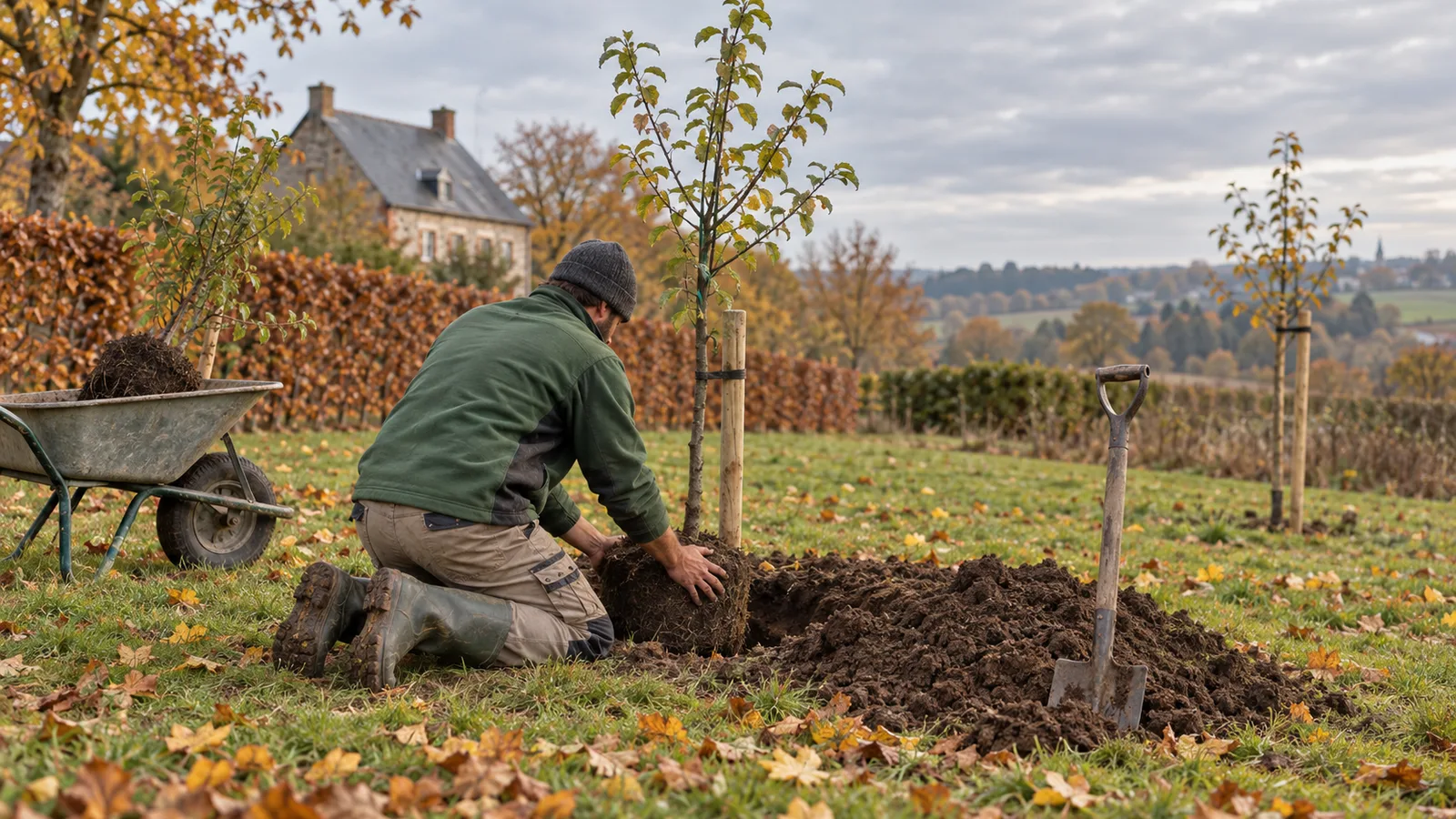 Jardinier calant la motte d'un jeune pommier planté