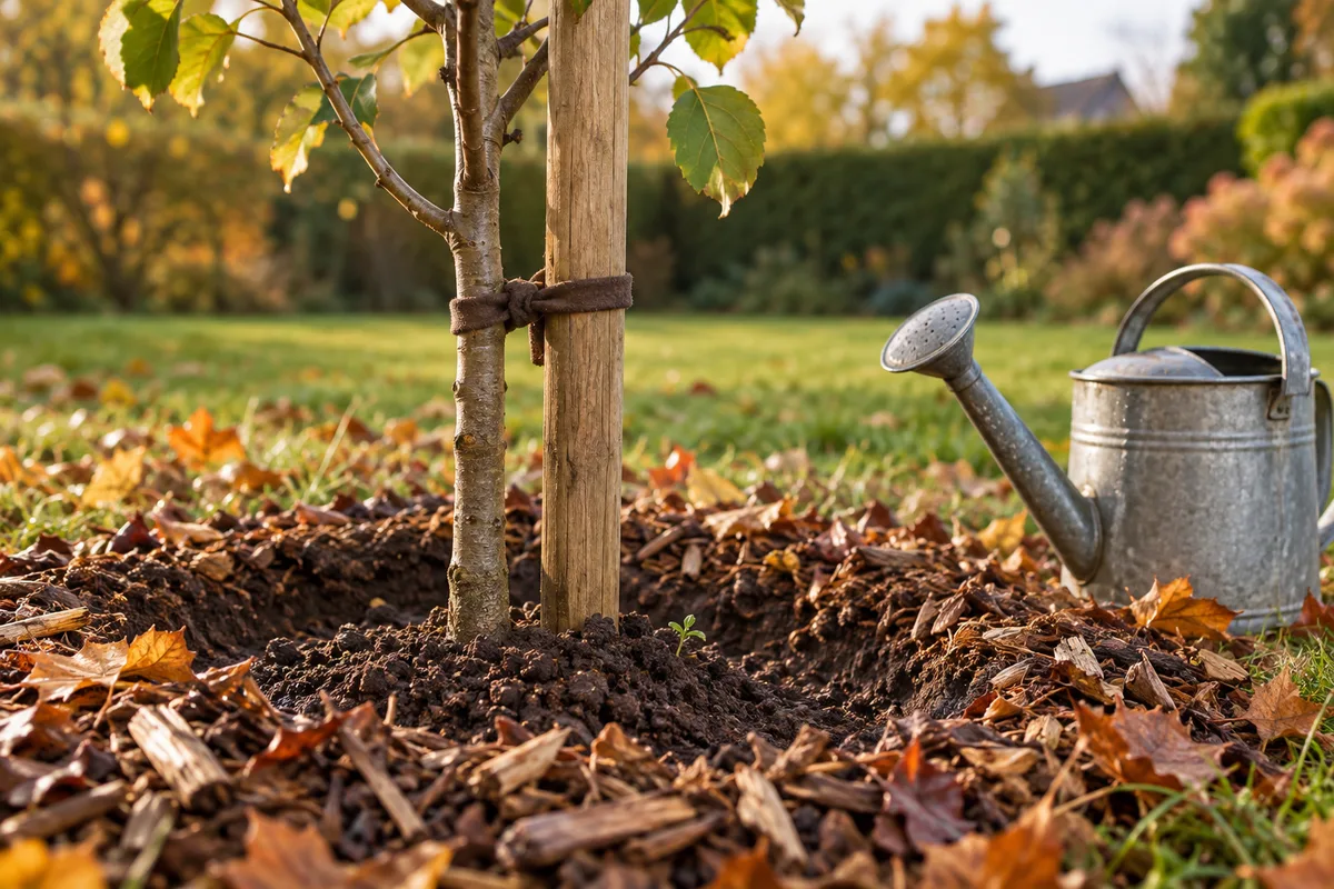 Pied d'un jeune pommier tuteuré et paillé de feuilles