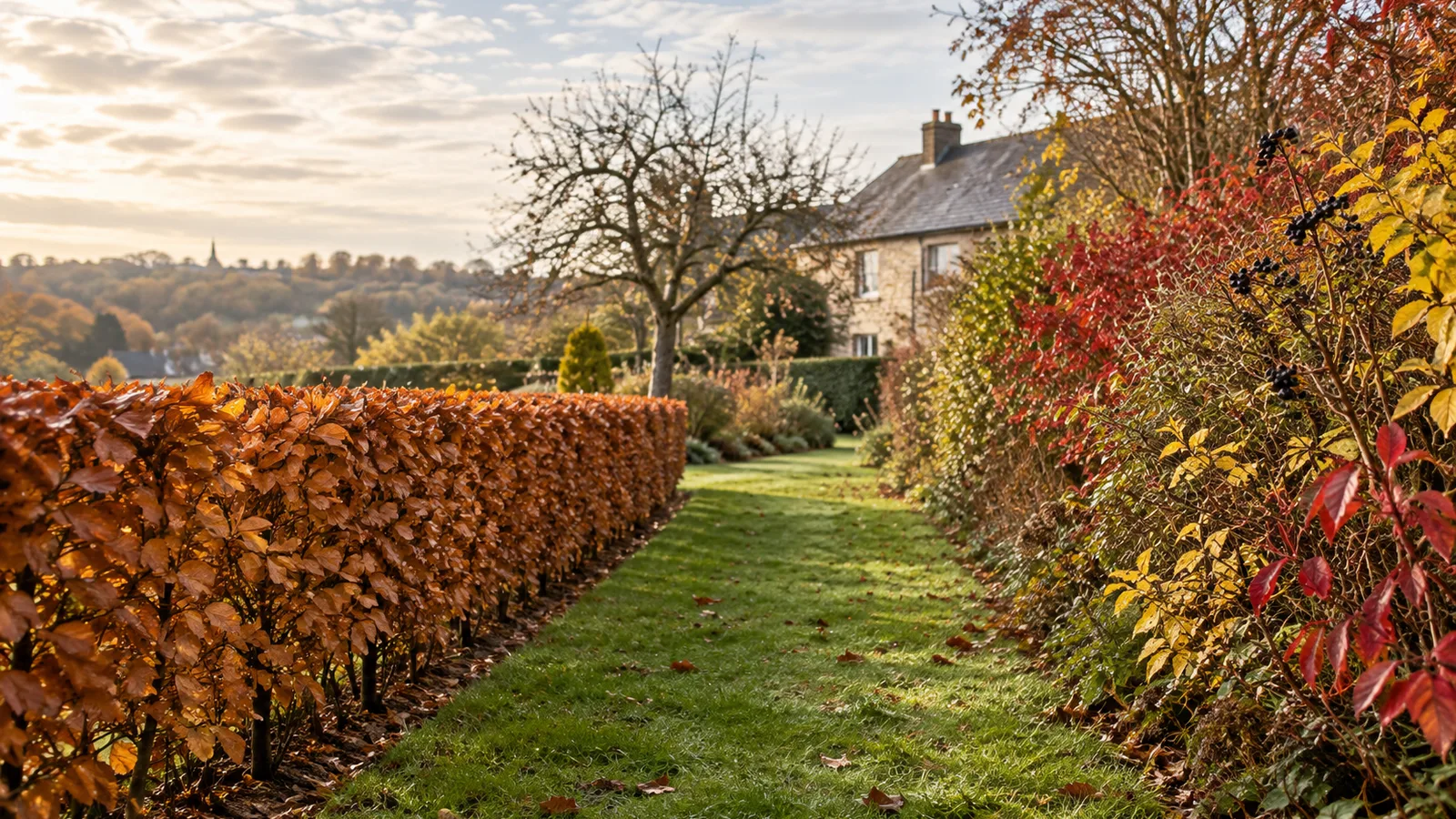 Deux haies d'automne côte à côte dans un jardin de village