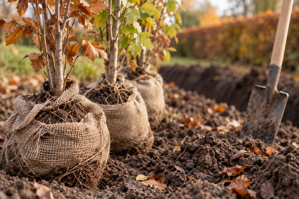 Jeunes plants de haie à racines nues enveloppés de toile de jute