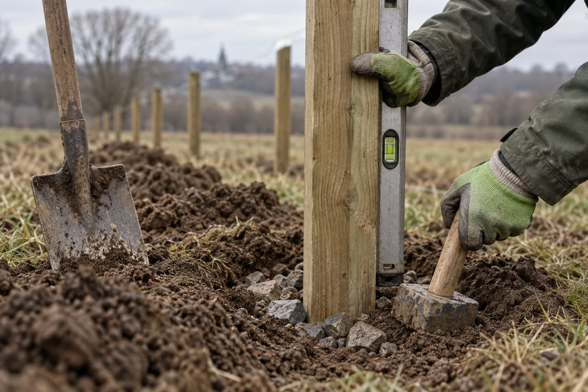 Mains tassant la terre de scellement autour d'un poteau de clôture