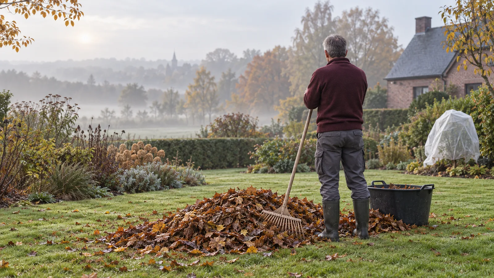 Jardinier en pause près d'un grand tas de feuilles