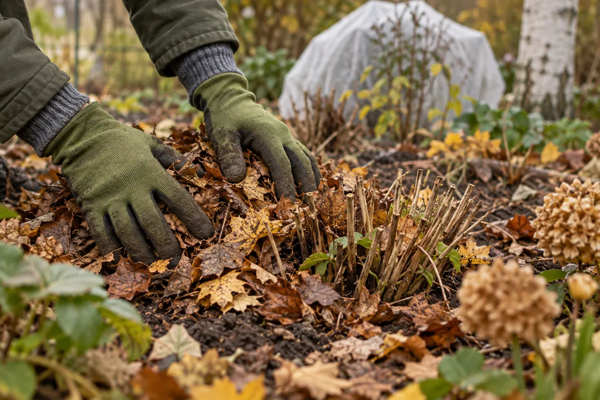 Mains étalant un paillage de feuilles au pied d'une vivace