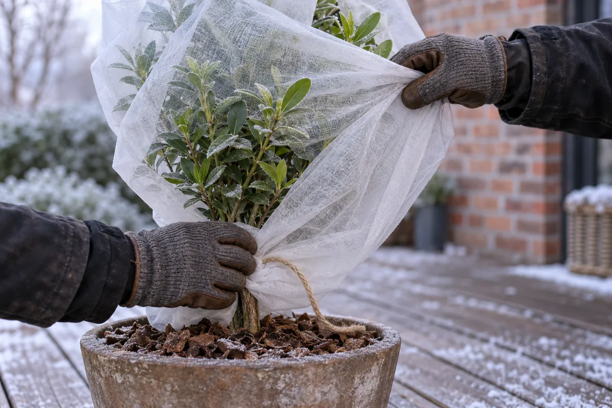 Mains gantées enveloppant un arbuste en pot d'un voile d'hivernage
