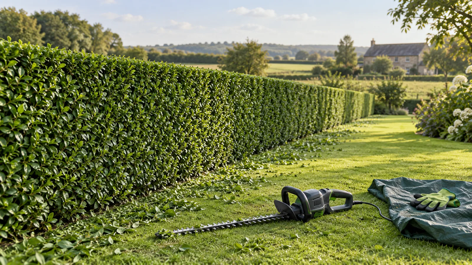 Haie de troènes fraîchement taillée au cordeau avec taille-haie au sol