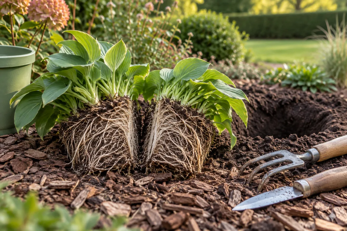 Touffe d'hosta divisée en deux posée sur un paillis d'écorces