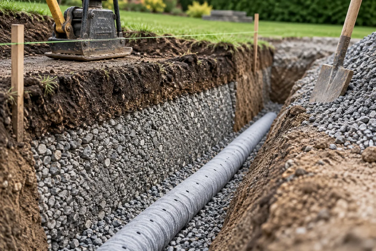 Tranchée en coupe montrant grave compactée et drain perforé gainé